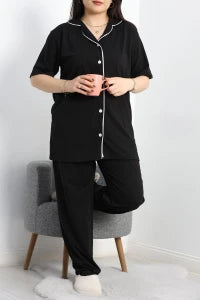 Black Single Jersey Plus Size Buttoned Pajama Set - Denoss