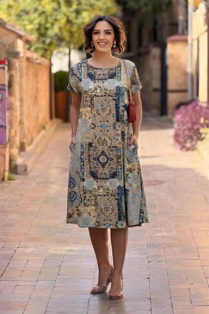 Stone Patch Round Neck Plus Size Dress - Denoss