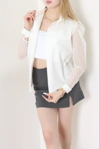 Poplin White Blouse with Black Tulle Sleeves - Denoss