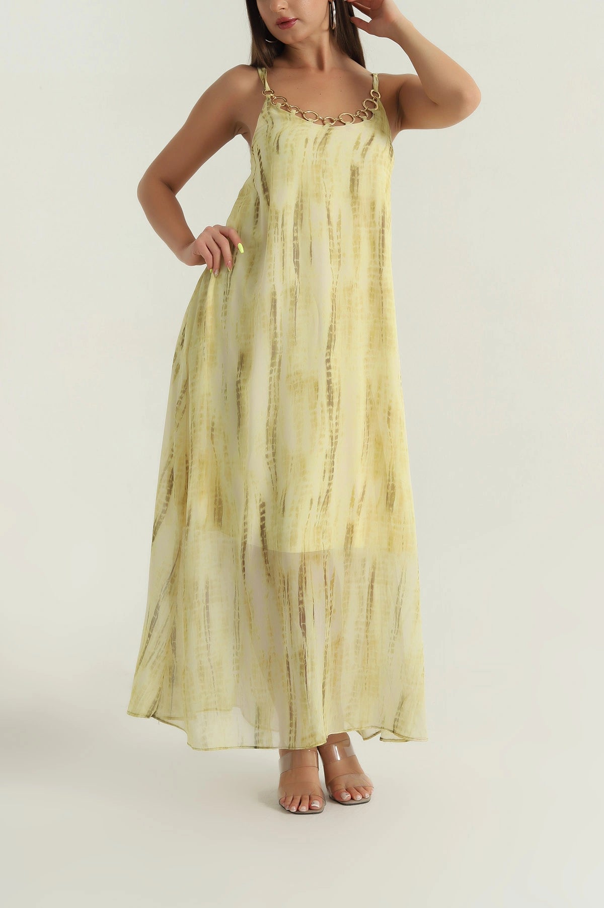 Green Lined Chiffon Women's Dress