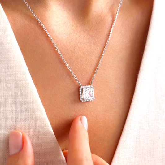 925 Sterling Silver White Square Solitaire Necklace