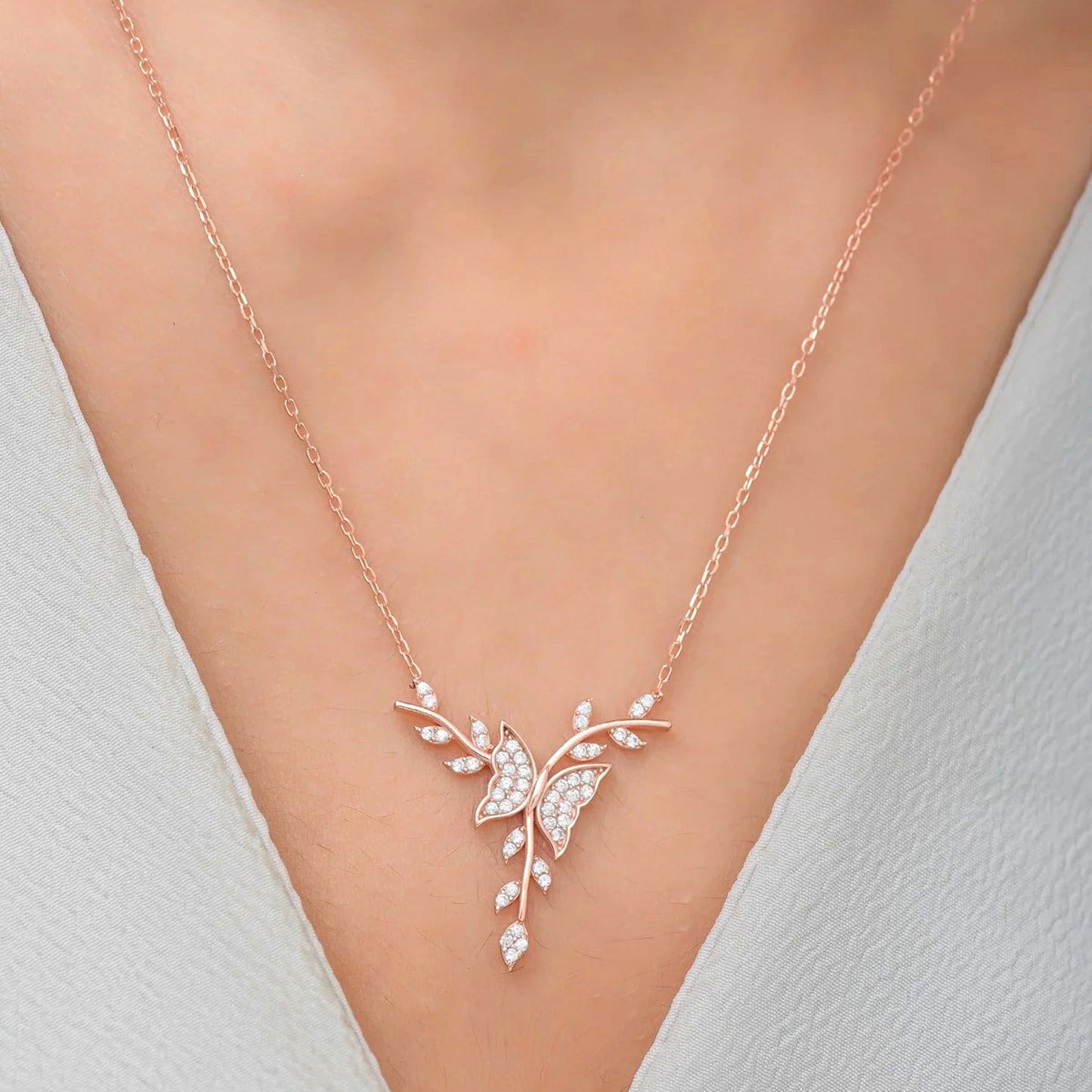925 Sterling Silver Rosegold Butterfly on a Branch Necklace