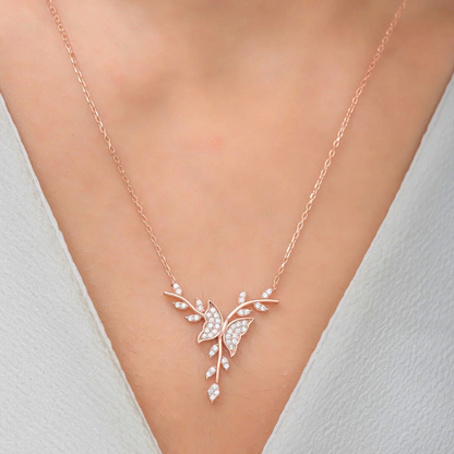 925 Sterling Silver Rosegold Butterfly on a Branch Necklace