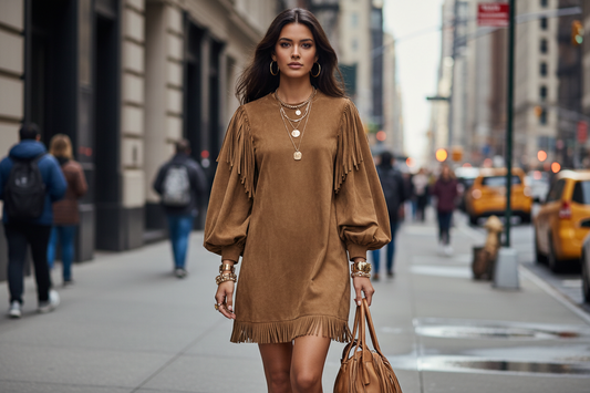 Woman in a brown fringed dress walking down a city street.