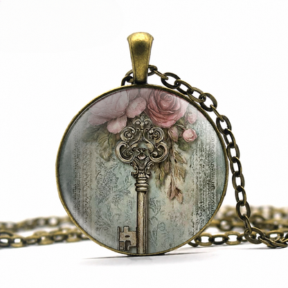 Antique Key and Rose necklace,Valentine's Day gift,romantic gift,romantic Goth jewelry,Valentine jewelry