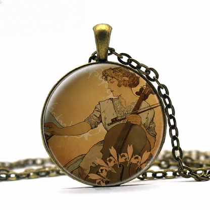 Art Nouveau Cellist necklace,music teacher gift,cello player music lover gift,musician gift, music jewelry,Mucha art jewelry