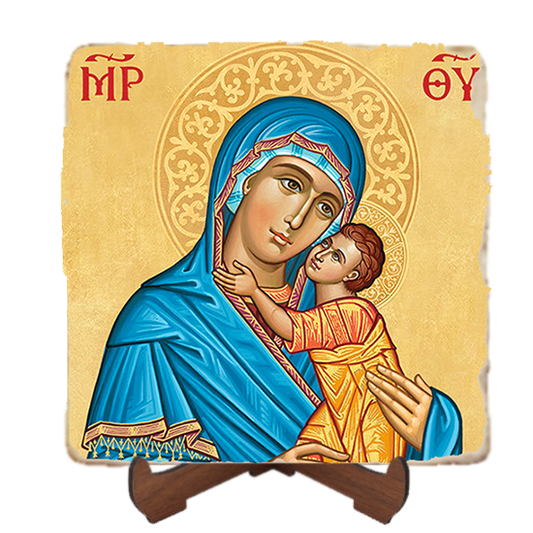 The Blue Madonna Icon,Marble Icon,Handmade,Baptism gift,Christian Icon