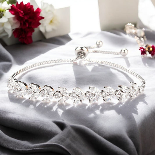 White Gold Platinum Marquise and Round Cubic Zircon Bracelet - Denoss