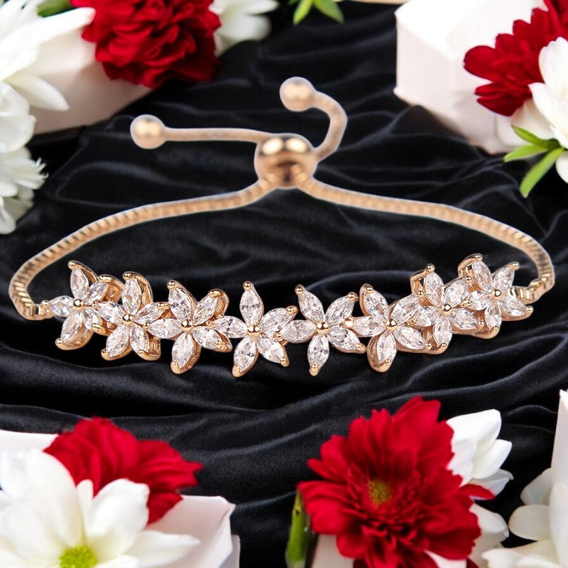 Gold Platinum Sparkling Crystal Flower Design Bracelet - Denoss