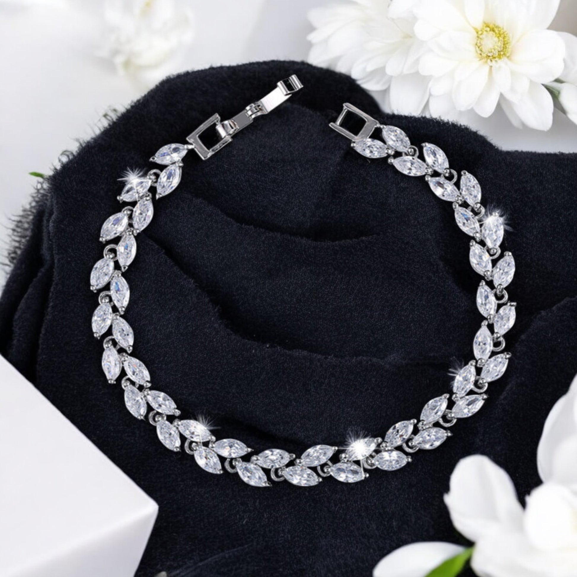 White Gold Platinum Crystal Leaf Ladies Bracelet - Denoss
