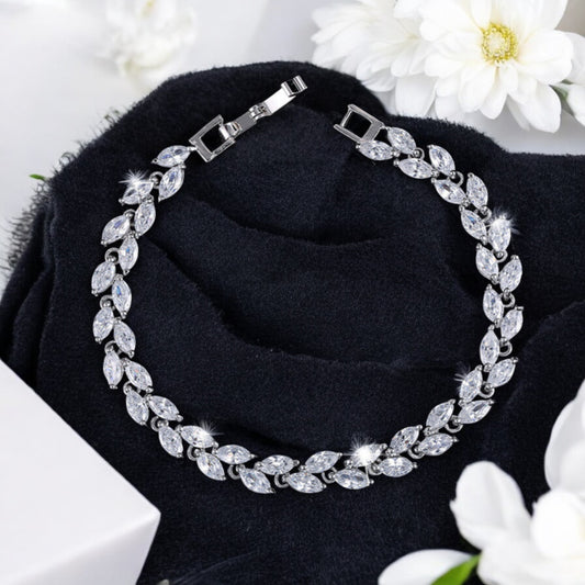 White Gold Platinum Crystal Leaf Ladies Bracelet - Denoss