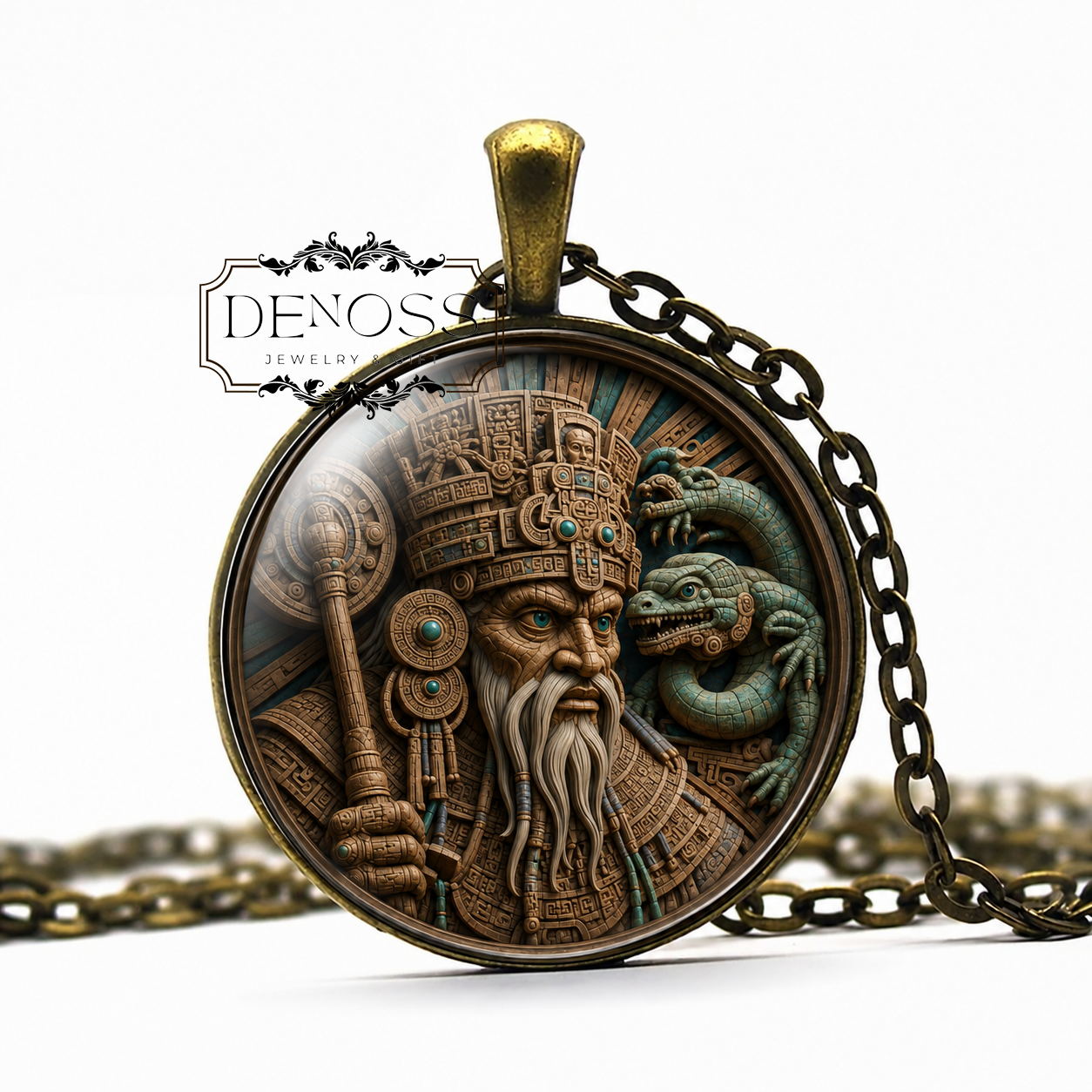 ITZAMNA Mayan Necklace,Lord of the Heavens,Mythology,Mayan,God of Wisdom,Patron of Writing,Cosmic Creator, Glass Pendant
