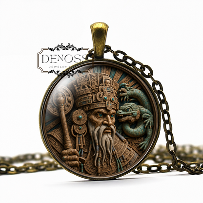 ITZAMNA Mayan Necklace,Lord of the Heavens,Mythology,Mayan,God of Wisdom,Patron of Writing,Cosmic Creator, Glass Pendant