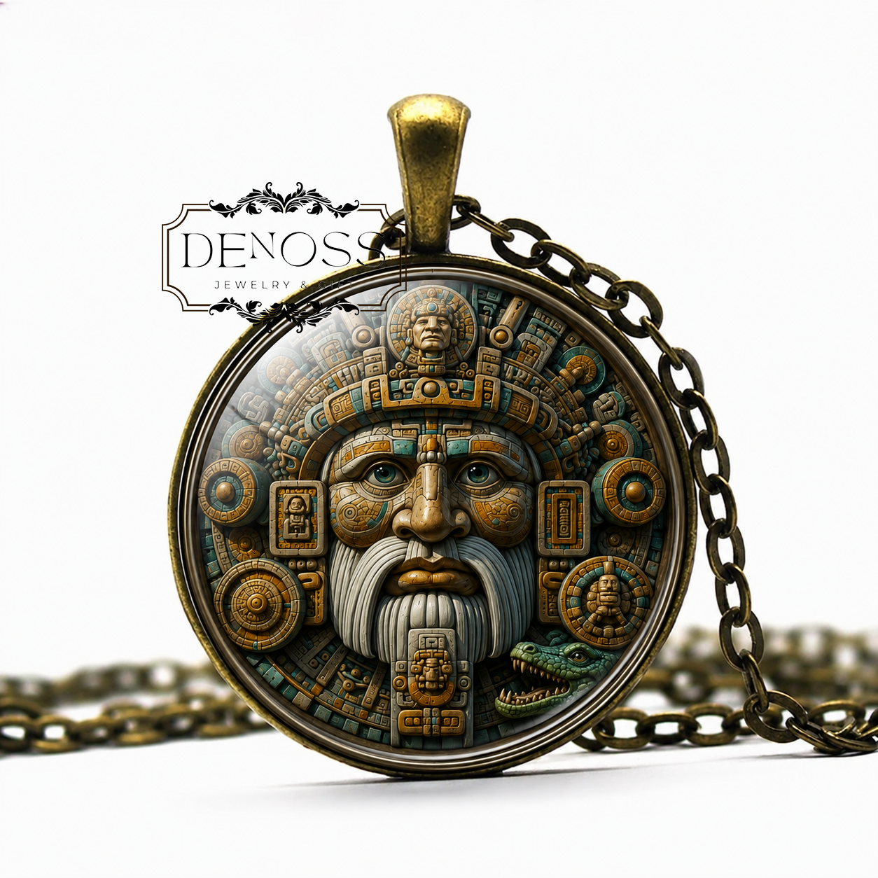 ITZAMNA Mayan Necklace,God of Wisdom, Patron of Writing,Mayan,Cosmic Creator,Lord of the Heavens,Mythology,Glass Pendant