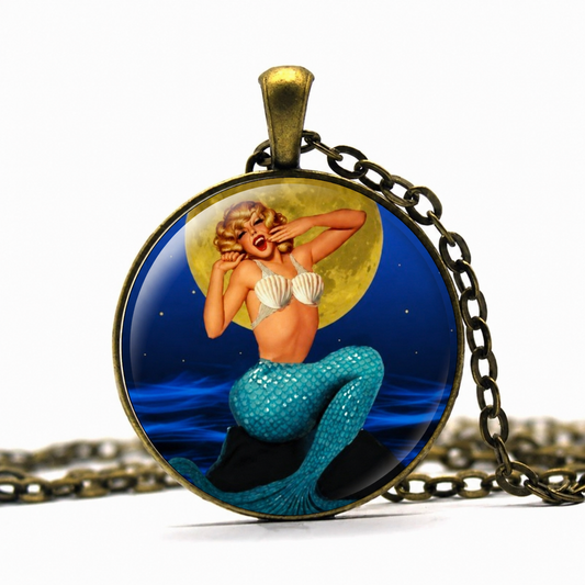Mermaid Necklace,Retro Blue Necklace,Mermaid Under the Moon