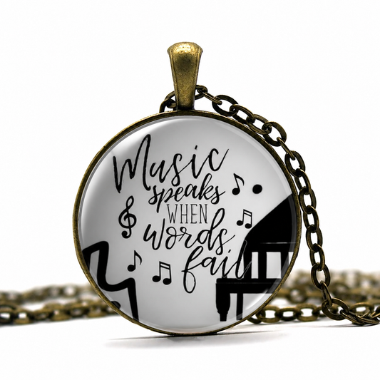 Music Speaks When Words Fail Pendant Necklace,Quote Pendant,Music Teacher Gift, Musician, Music Notes - Denoss