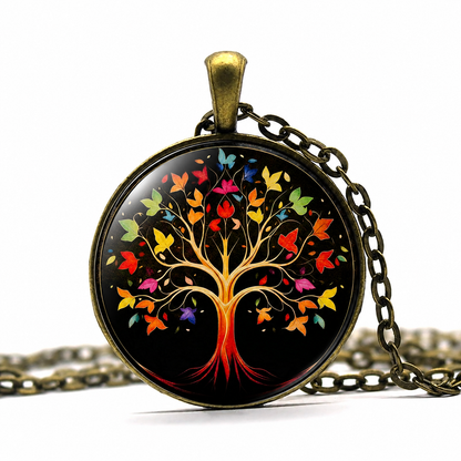 Colorful Tree of Life Necklace,Silver Tile Pendant,Family Tree Art