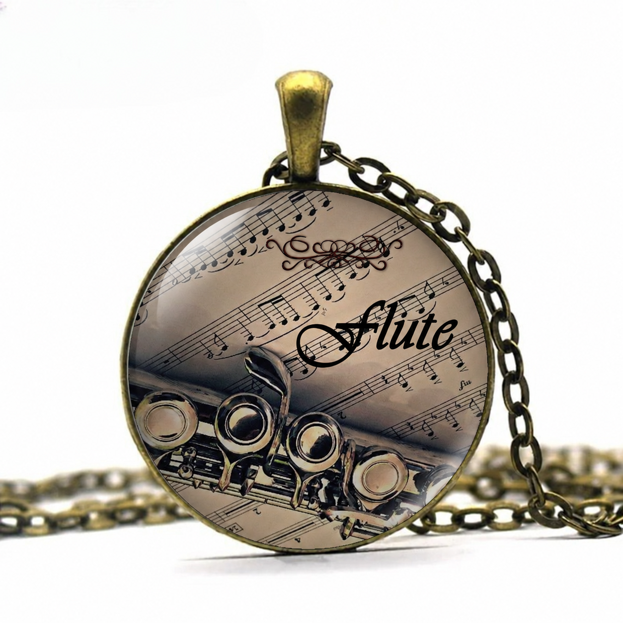 Flute and Music necklace,music student gift, music teacher gift,flautist gift