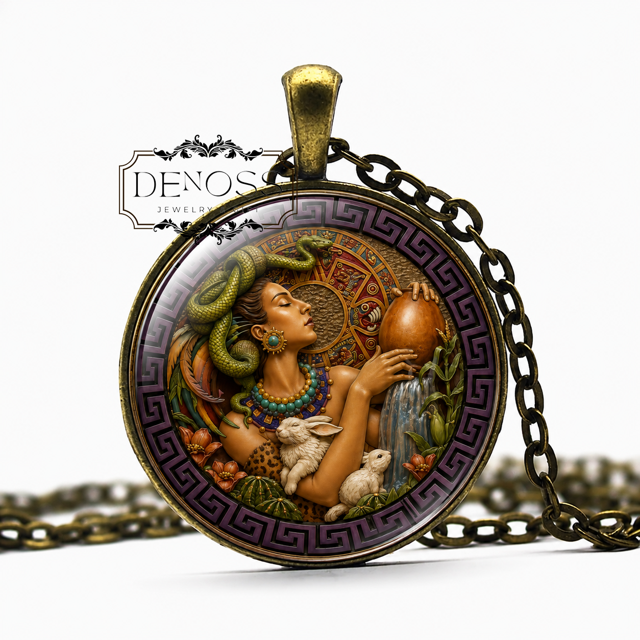 IXCHEL Mayan Necklace,Goddess of Love,Goddess of the Moon,Goddess of Fertility,Goddess of Medicine Mayan,War Goddess,Glass Pendant