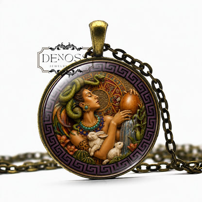 IXCHEL Mayan Necklace,Goddess of Love,Goddess of the Moon,Goddess of Fertility,Goddess of Medicine Mayan,War Goddess,Glass Pendant