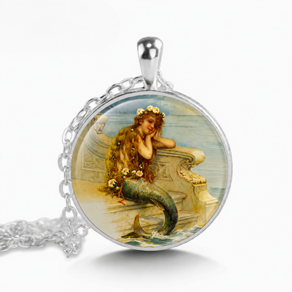 Mermaid Necklace Handcrafted Glass Cabochon Pendant Art Pendant