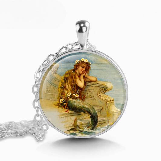 Mermaid Necklace Handcrafted Glass Cabochon Pendant Art Pendant