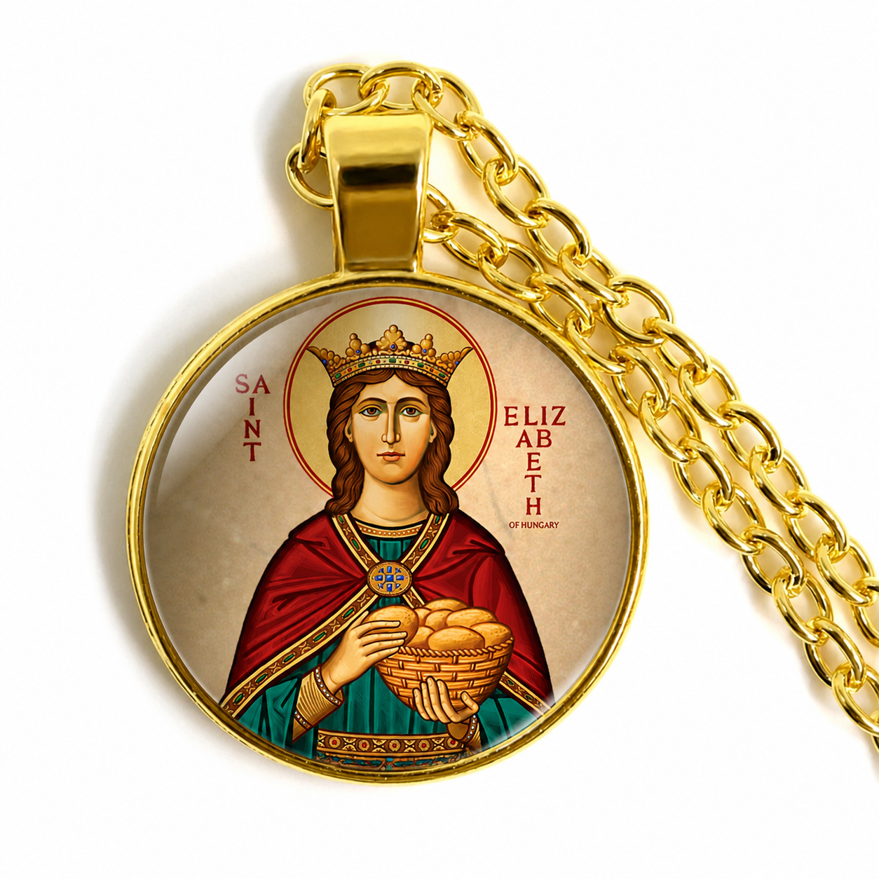 Gold pendant with a depiction of Saint Elizabeth on a white background
