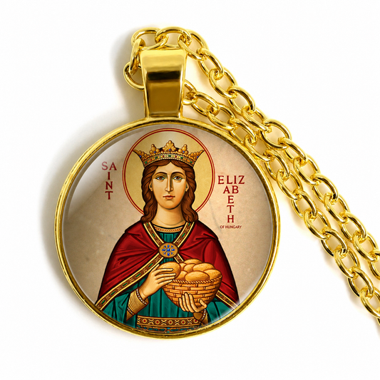 Gold pendant with a depiction of Saint Elizabeth on a white background