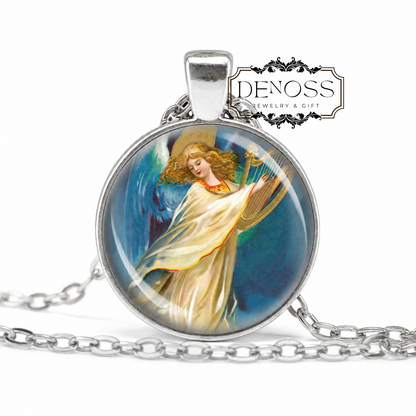 Angel Playing a Harp Guardian Necklace,Religious Jewelry