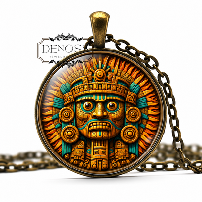 K'INICH AJAW Mayan Necklace,God of the Sun,Cosmic Renewal,Mayan,Celestial Power,Divine Protector,Mythology,Glass Pendant