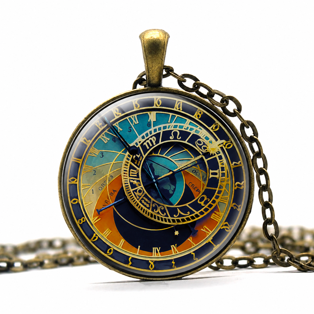 Prague Astronomical Clock Pendant Necklace,Steampunk Orloj Necklace