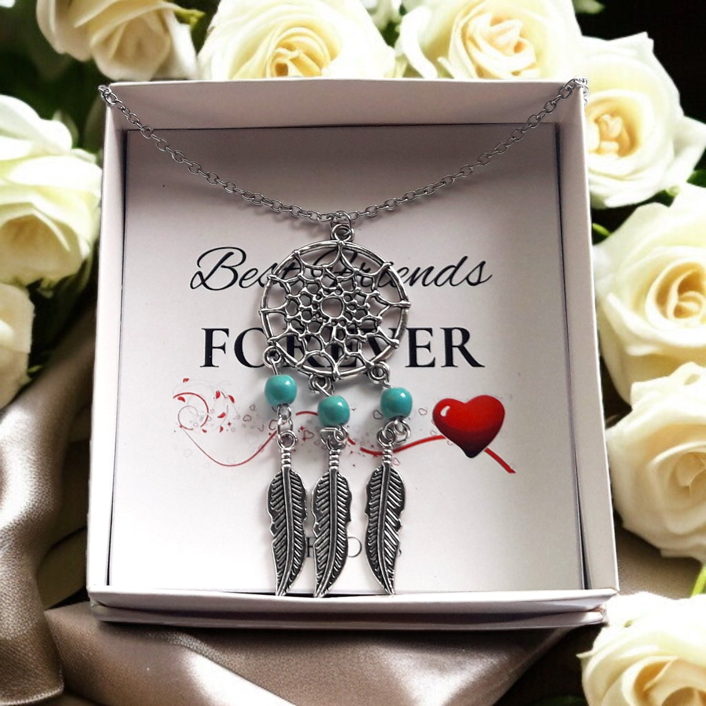 Boho Style Turquoise Beads and Feathers Silver Necklace