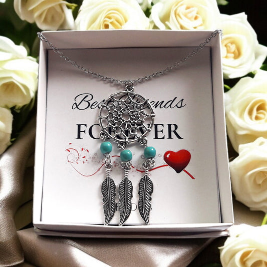 Boho Style Turquoise Beads and Feathers Silver Necklace