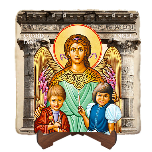 Guardian Angel & Children Icon,Marble Icon,Handmade,Baptism gift,Christian Icon