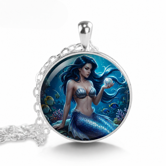 Mermaid Pendant Necklace Handcrafted Glass Cabochon