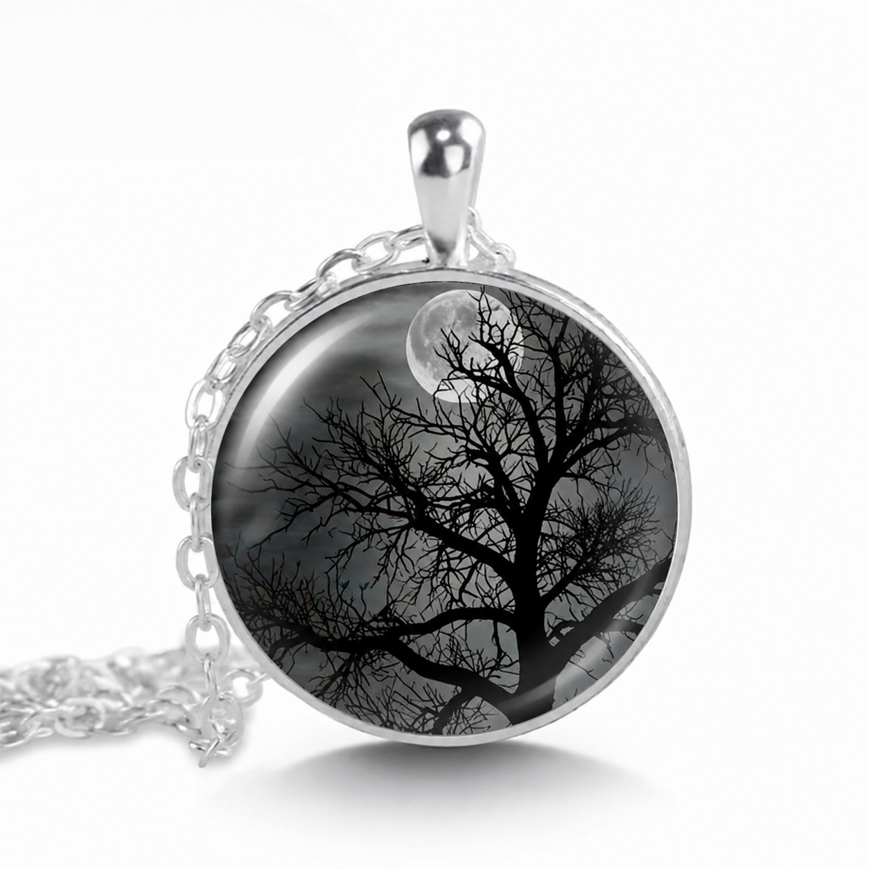 Moonrise Tree necklace,moon and tree jewelry,full moon necklace