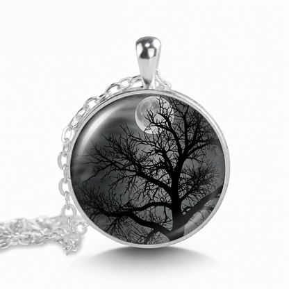 Moonrise Tree necklace,moon and tree jewelry,full moon necklace