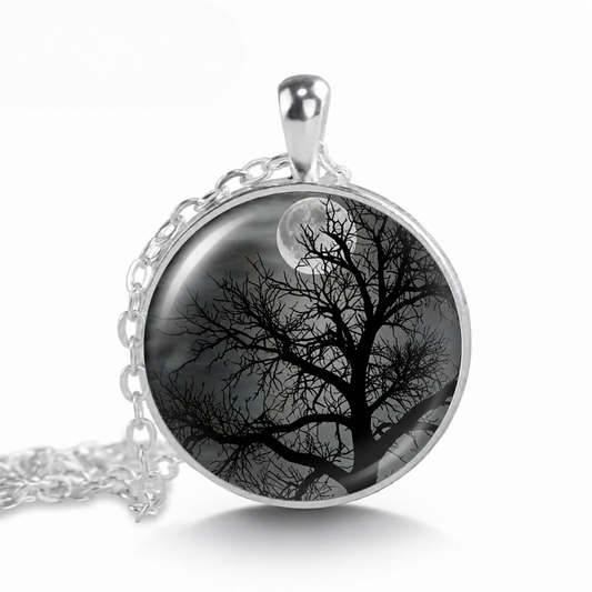 Moonrise Tree necklace,moon and tree jewelry,full moon necklace
