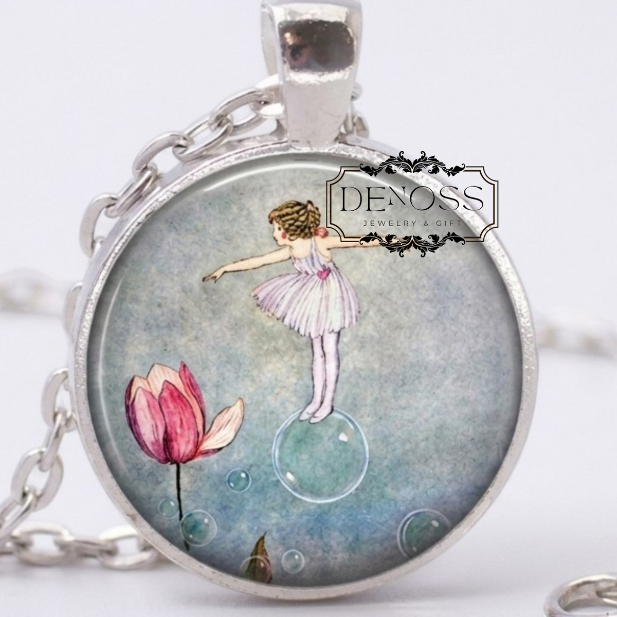 Thumbelina Fairy Necklace,Handcrafted Glass Cabochon Pendant Jewelry