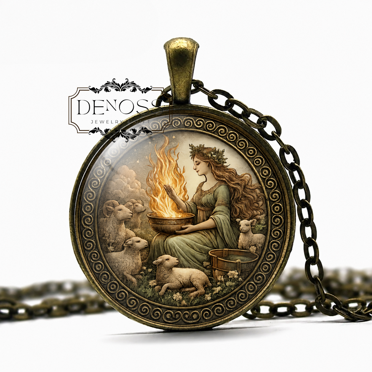 BRIGID Celtic Necklace,Goddess of Fire and Hearth,Goddess of Healers,Goddess of Childbirth,Patron of Warfare,Glass Pendant