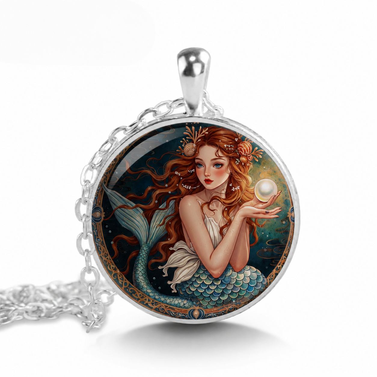 Mermaid Pendant Necklace Handcrafted Glass Cabochon