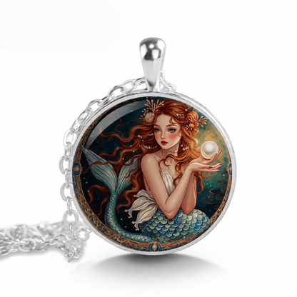 Mermaid Pendant Necklace Handcrafted Glass Cabochon
