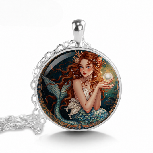 Mermaid Pendant Necklace Handcrafted Glass Cabochon