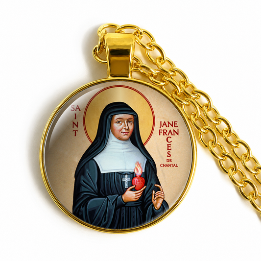 Gold necklace with pendant featuring an illustration of Saint Jane Frances de Chantal