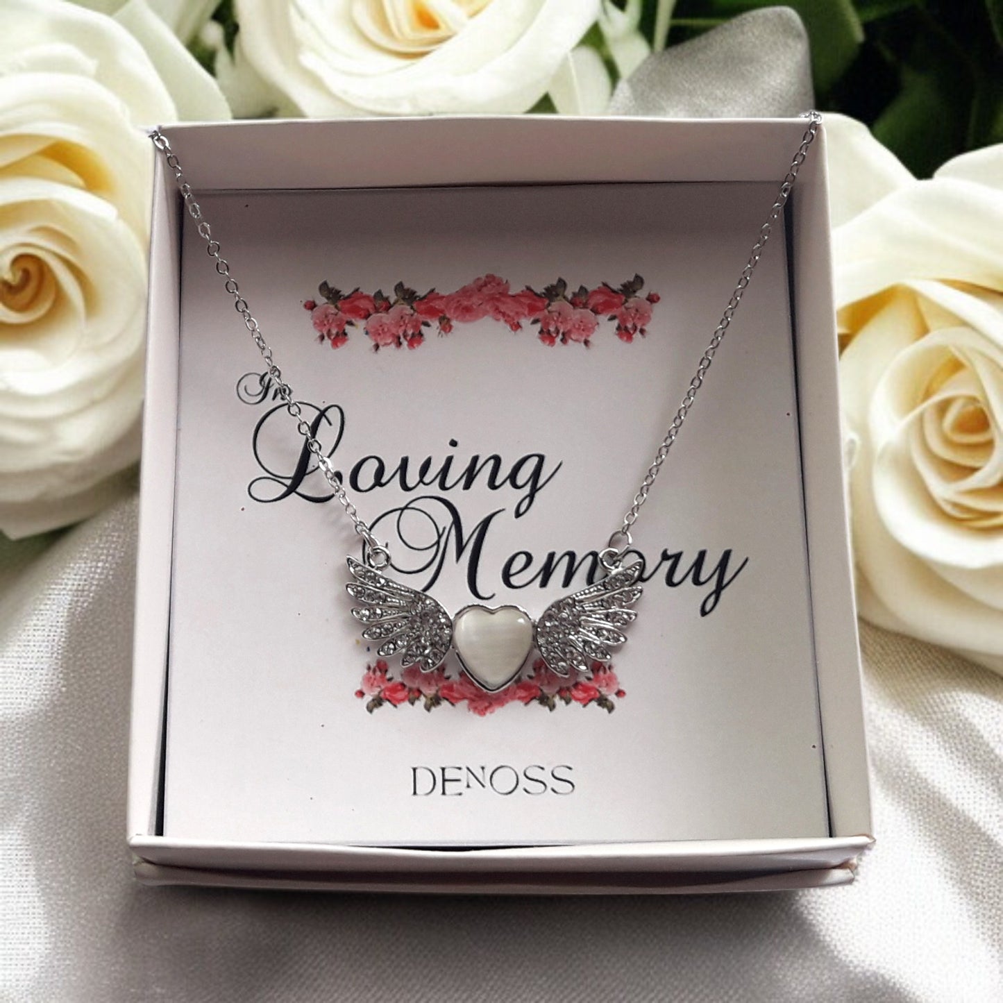 Silver Rhinestone Angle Wing with Heart Pendant Chain Necklace