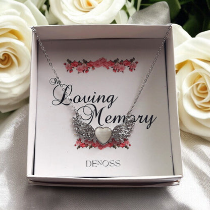 Silver Rhinestone Angle Wing with Heart Pendant Chain Necklace