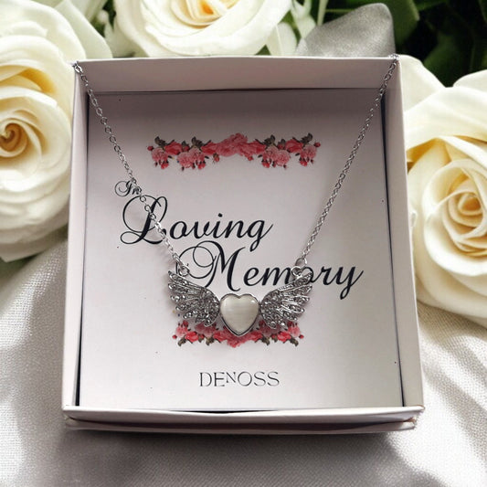 Silver Rhinestone Angle Wing with Heart Pendant Chain Necklace