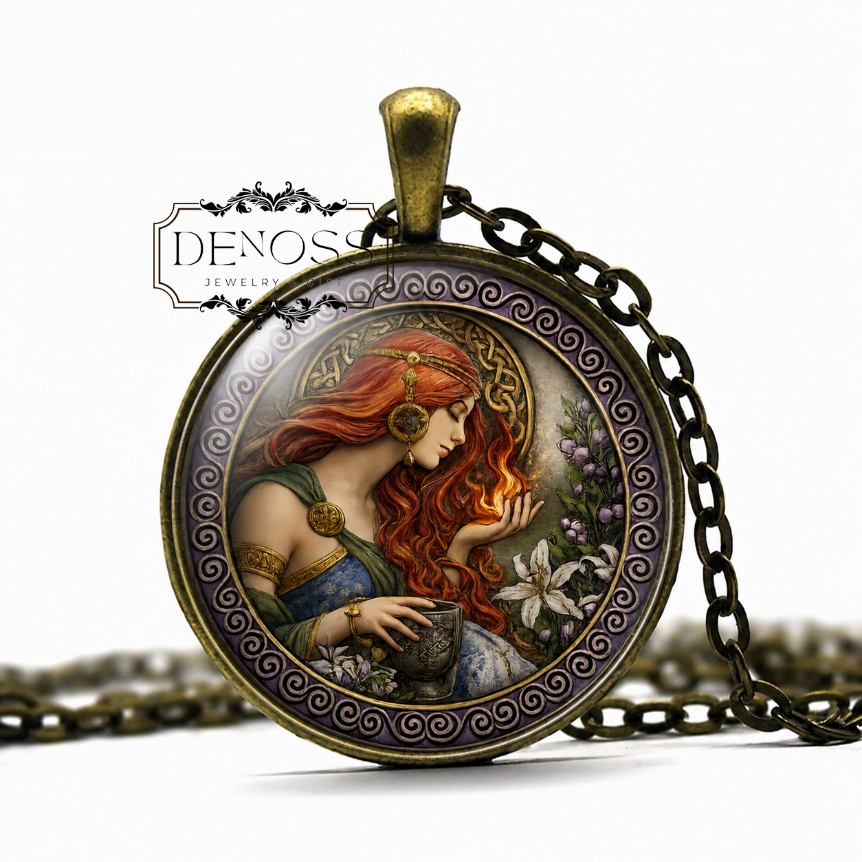 BRIGID Celtic Necklace,Goddess of Healers,Goddess of Childbirth,Goddess of Fire and Hearth,Patron of Warfare,Glass Pendant