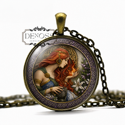 BRIGID Celtic Necklace,Goddess of Healers,Goddess of Childbirth,Goddess of Fire and Hearth,Patron of Warfare,Glass Pendant