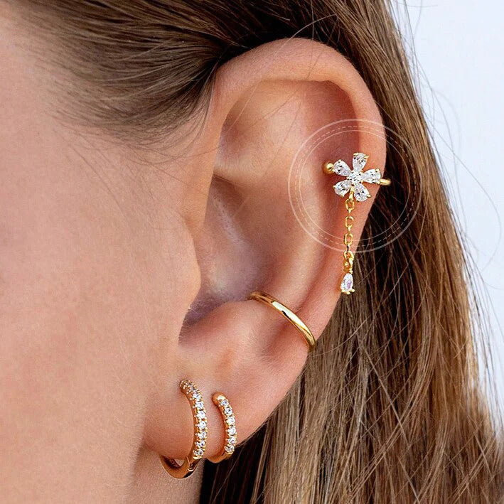Dainty Flower CZ Dangling Chain Drop Hoop Earrings